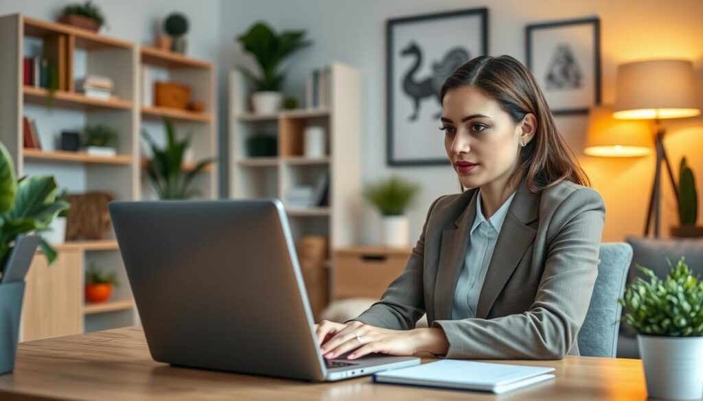 A remote job interview scene unfolding in a cozy, well-lit home office. In the foreground, a professional woman sits poised at her desk, focused intently on a laptop screen as she engages in a video call, her facial expression conveying a sense of confidence and composure. The background features tasteful, minimalist decor with bookshelves, plants, and warm-toned lighting, creating a comfortable and productive atmosphere. The overall scene evokes a sense of efficiency, adaptability, and the seamless integration of technology into the modern professional landscape.