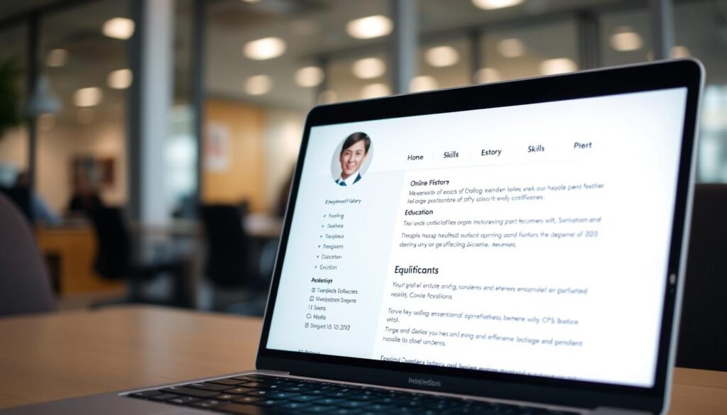 A well-lit professional profile page displayed on a laptop screen, showcasing an individual's online resume, skills, and work experience. The page features a clean, minimalist design with a neutral color palette and clear typography. The foreground includes a headshot of the individual, while the middle ground highlights their employment history, education, and key qualifications. The background depicts a blurred office environment, conveying a sense of professionalism and the online nature of the job search process. The overall mood is one of organization, clarity, and a strong digital presence.